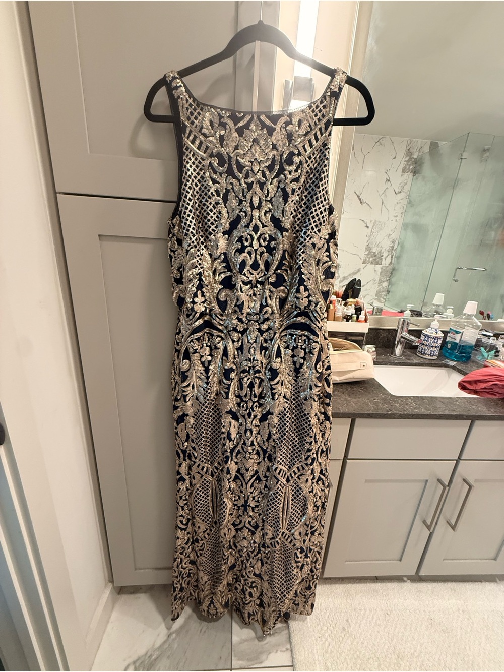 R&M Richards Navy and Gold Sequined Dress